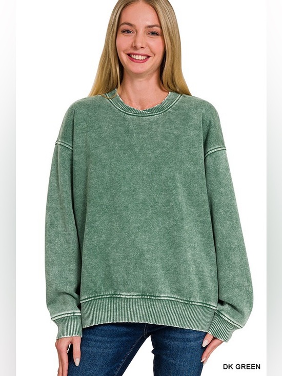Zenana Outfitters Tops - Zenana Acid Wash Oversized Fleece Pullover Dark Green